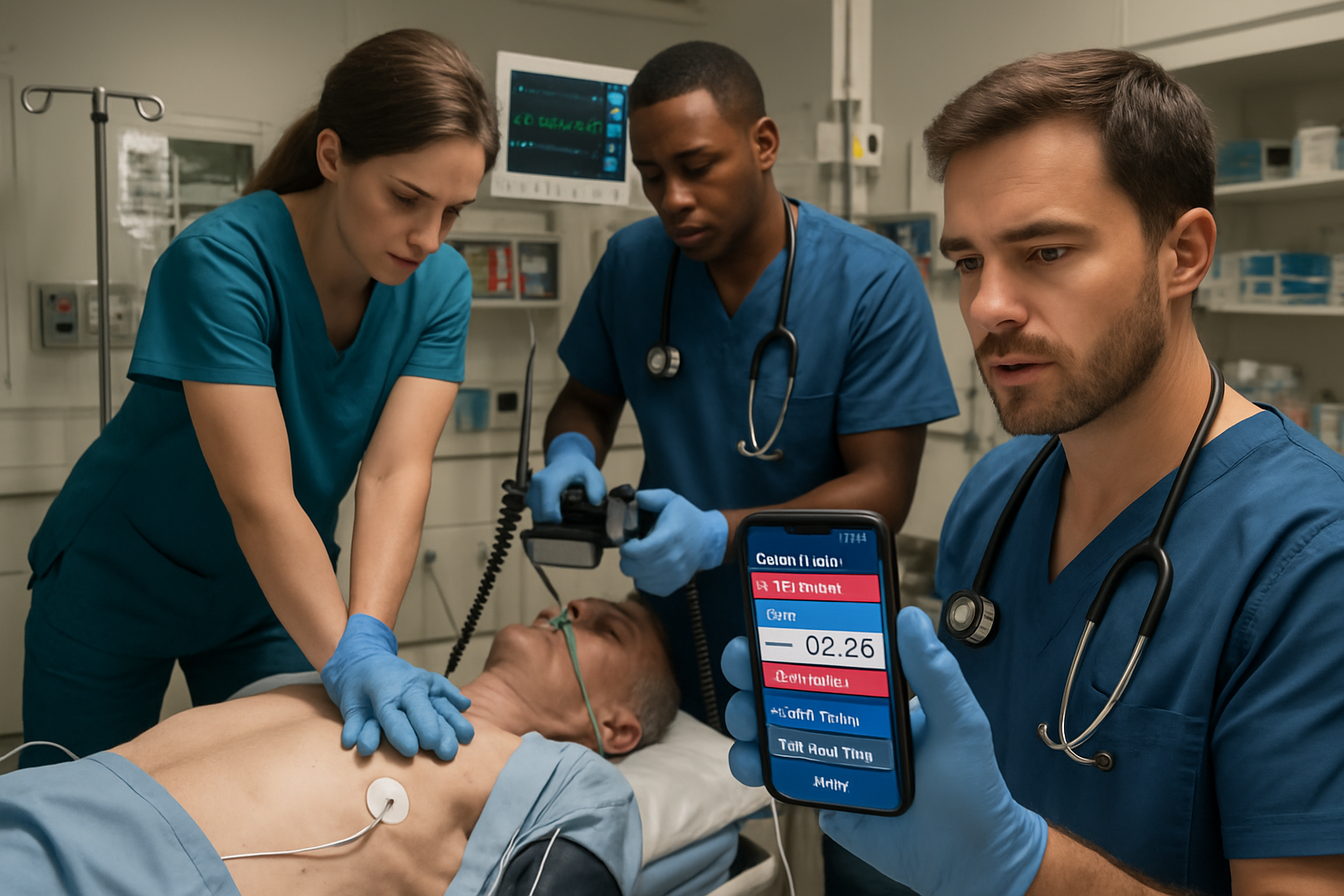 Equipe médica usando o ACLS Helper